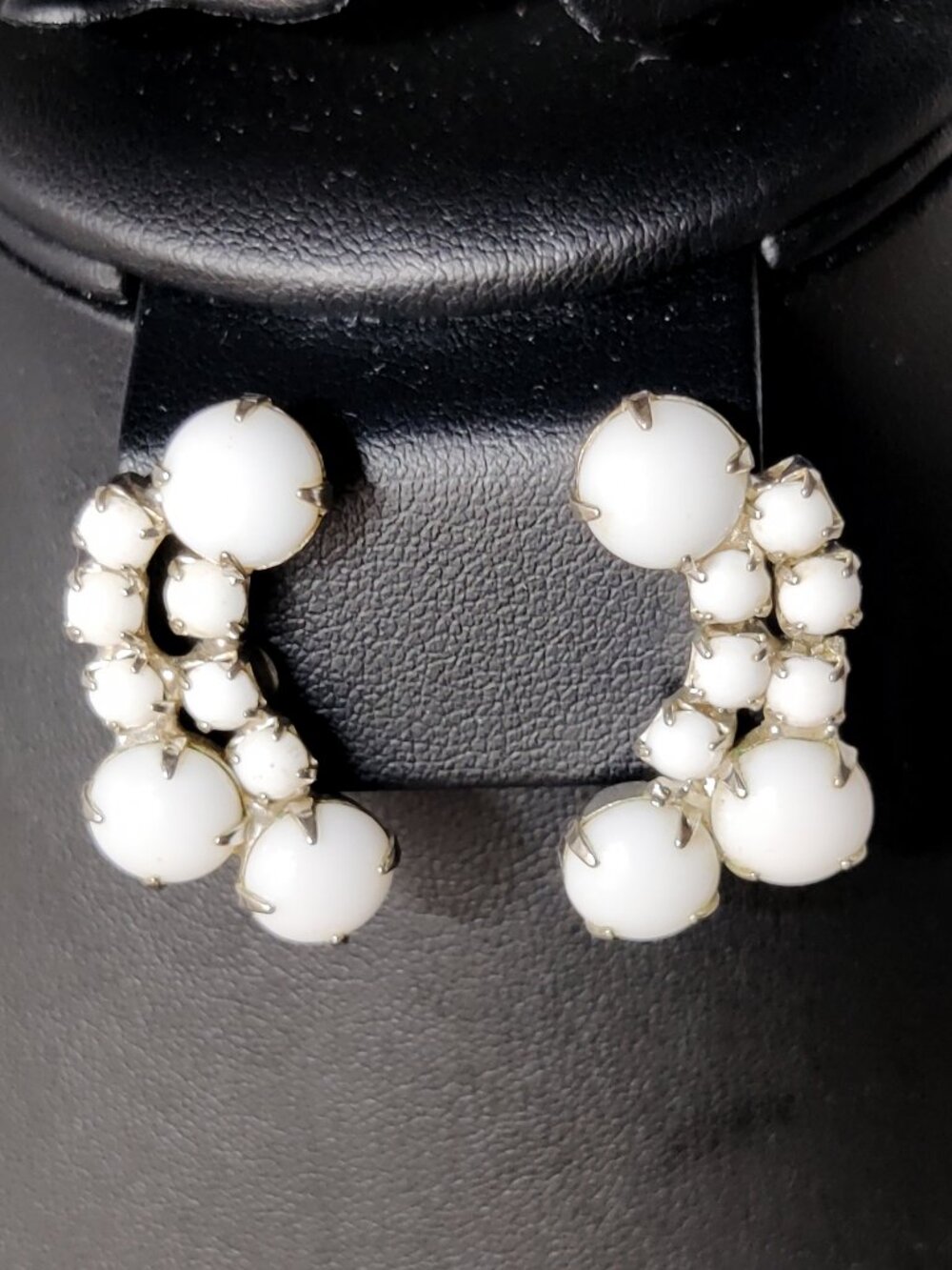 Vintage White Milk Glass Screw Back Climber Earrings